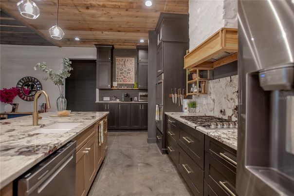 Interior, Kitchen, Pendant Lights, Stainless Steel Appliances, Wooden Ceilings
