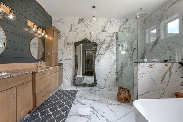 Bathroom, Dual Sink Vanities, Glass Shower, Interior, Marble, Marble Walls