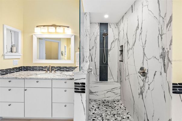 Bathroom, Interior, Marble Walls, Recessed Lighting