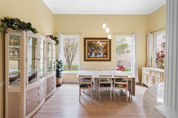 Dining room, Interior, Pendant Lights, Wood Texture Flooring