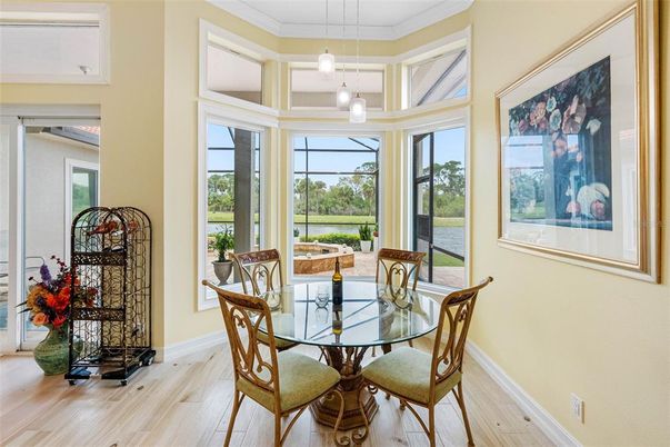 Dining room, Interior, Pendant Lights, Sun Room, Wood Texture Flooring