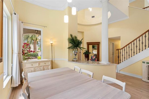 Dining room, Interior, Pendant Lights, Wood Texture Flooring