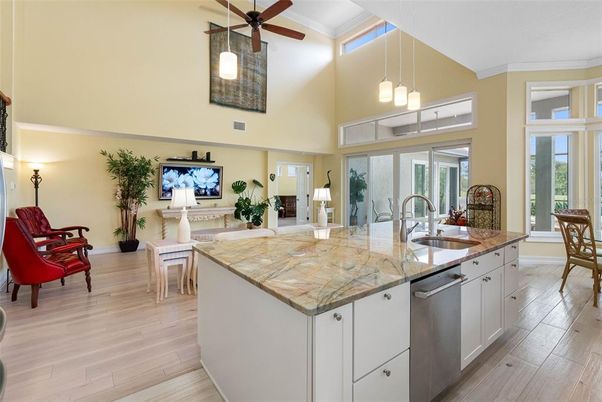 Interior, Kitchen, Pendant Lights, Wood Texture Flooring