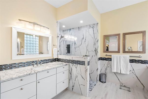 Bathroom, Interior, Marble, Marble Walls, Recessed Lighting, Wood Texture Flooring