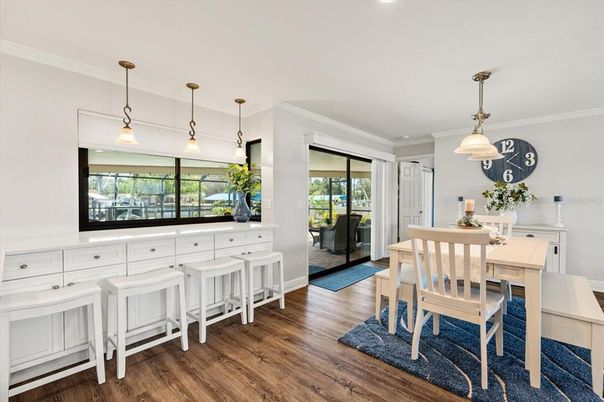 Dining room, Interior, Pendant Lights, Wood Texture Flooring