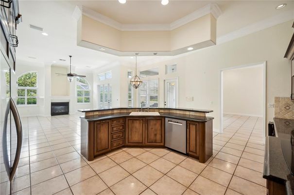 Chandelier, Fireplace, Interior, Kitchen, Recessed Lighting