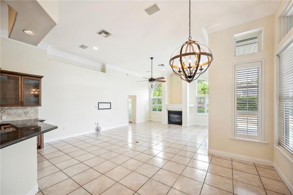 Chandelier, Empty room, Fireplace, Interior, Pendant Lights, Recessed Lighting