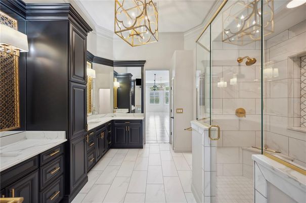 Bathroom, Dual Sink Vanities, Glass Shower, Interior, Marble, Pendant Lights