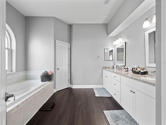 Bathroom, Dual Sink Vanities, Interior, Wood Texture Flooring