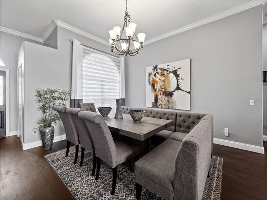 Chandelier, Dining room, Interior, Wood Texture Flooring