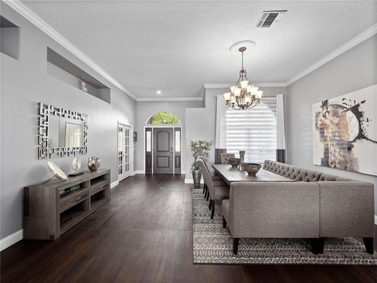Chandelier, Dining room, Interior, Living room, Recessed Lighting, Wood Texture Flooring