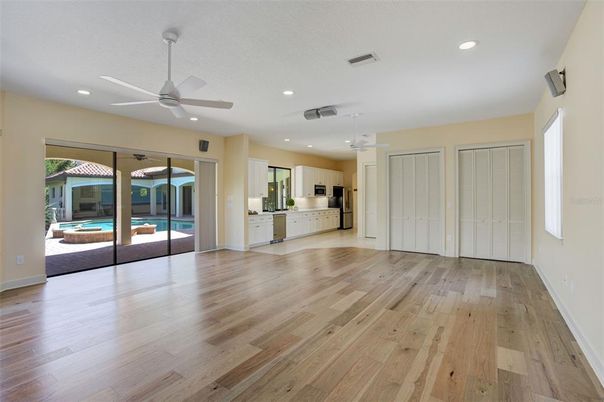 Empty room, Interior, Kitchen, Recessed Lighting, Wood Texture Flooring