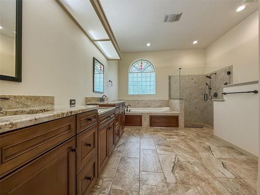 Bathroom, Dual Sink Vanities, Glass Shower, Interior, Recessed Lighting