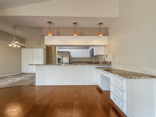 Interior, Kitchen, Pendant Lights, Stainless Steel Appliances, Wood Texture Flooring