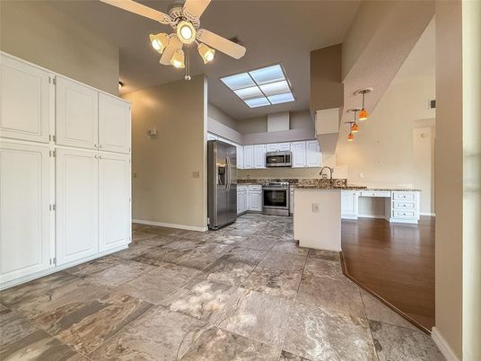Interior, Kitchen, Pendant Lights, Stainless Steel Appliances, Wood Texture Flooring