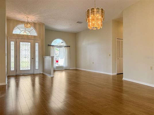 Chandelier, Empty room, Interior, Wood Texture Flooring