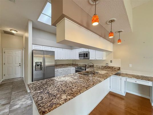 Interior, Kitchen, Pendant Lights, Stainless Steel Appliances, Wood Texture Flooring