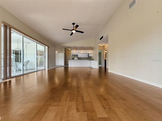 Empty room, Interior, Kitchen, Pendant Lights, Wood Texture Flooring