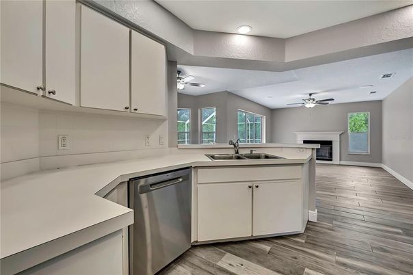 Fireplace, Interior, Kitchen, Recessed Lighting, Stainless Steel Appliances, Wood Texture Flooring