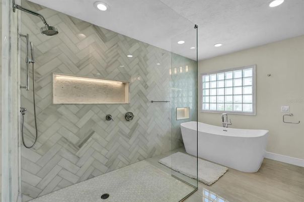 Bathroom, Free Standing Baths, Glass Shower, Interior, Recessed Lighting