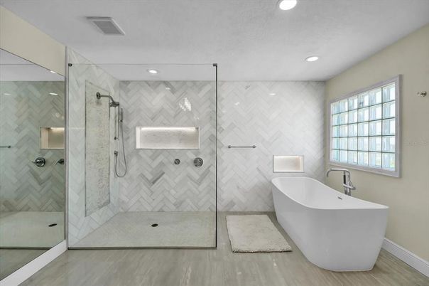 Bathroom, Free Standing Baths, Glass Shower, Interior, Marble Walls, Recessed Lighting
