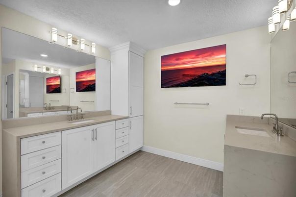 Bathroom, Dual Sink Vanities, Interior, Recessed Lighting, Wood Texture Flooring