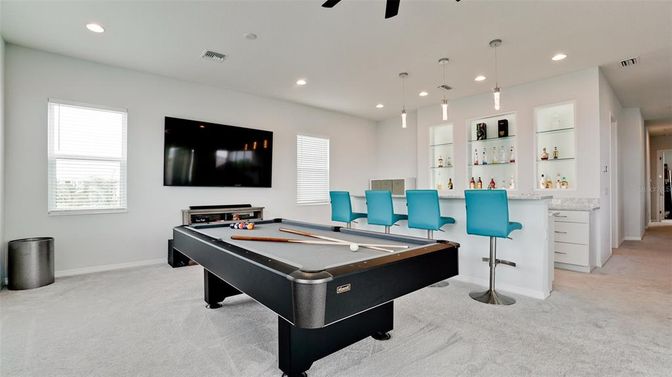 Billiard Table, Game Room, Interior, Pendant Lights, Recessed Lighting