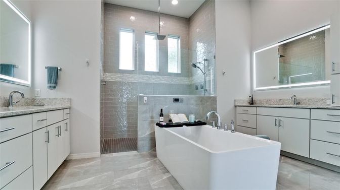 Bathroom, Dual Sink Vanities, Free Standing Baths, Glass Shower, Interior, Recessed Lighting