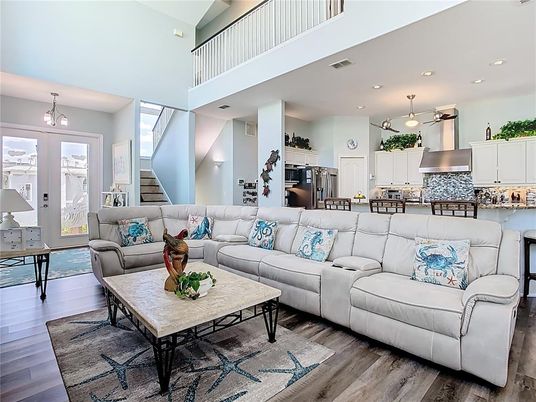 Chandelier, Dining room, Interior, Kitchen, Pendant Lights, Recessed Lighting, Stainless Steel Appliances, Wood Texture Flooring
