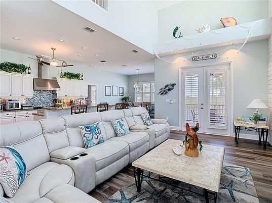 Dining room, Interior, Kitchen, Living room, Pendant Lights, Recessed Lighting, Stainless Steel Appliances, Wood Texture Flooring