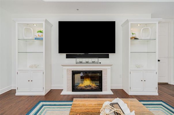 Fireplace, Interior, Recessed Lighting, Wood Texture Flooring