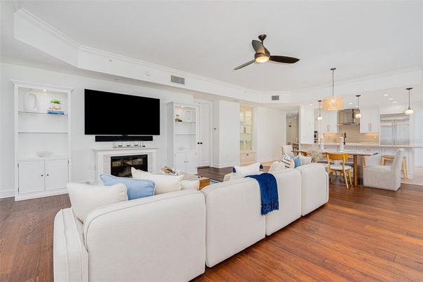 Dining room, Fireplace, Interior, Kitchen, Living room, Pendant Lights, Recessed Lighting, Wood Texture Flooring