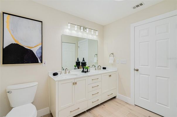 Bathroom, Dual Sink Vanities, Interior, Wood Texture Flooring