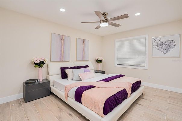 Bedroom, Interior, Recessed Lighting, Wood Texture Flooring
