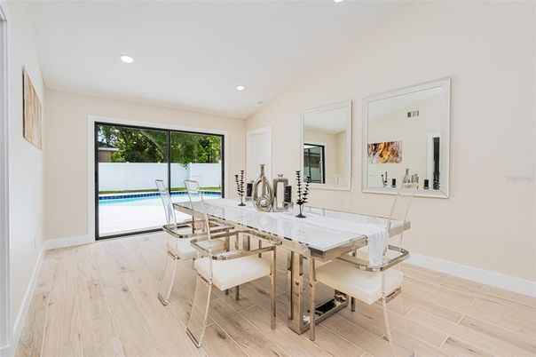 Dining room, Interior, Recessed Lighting, Wood Texture Flooring