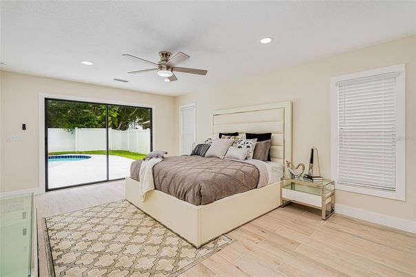 Bedroom, Interior, Recessed Lighting, Wood Texture Flooring
