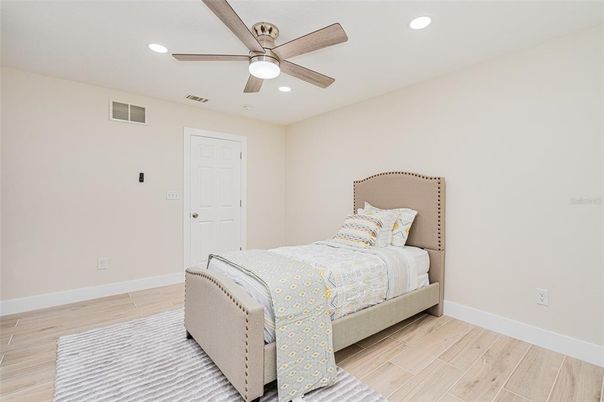 Bedroom, Interior, Recessed Lighting, Wood Texture Flooring