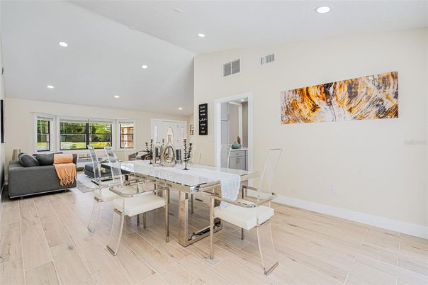 Dining room, Interior, Living room, Recessed Lighting, Wood Texture Flooring