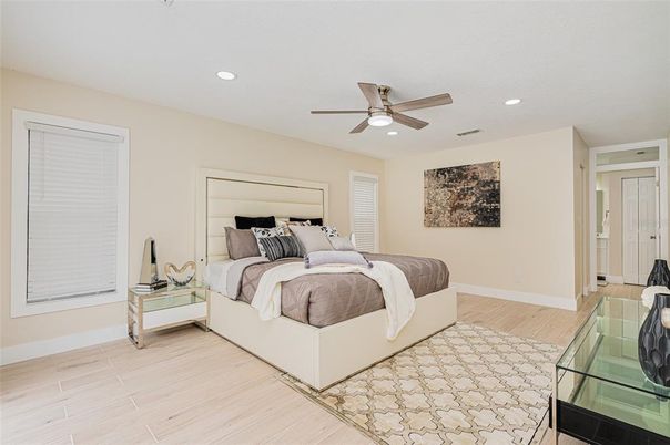 Bedroom, Interior, Recessed Lighting, Wood Texture Flooring
