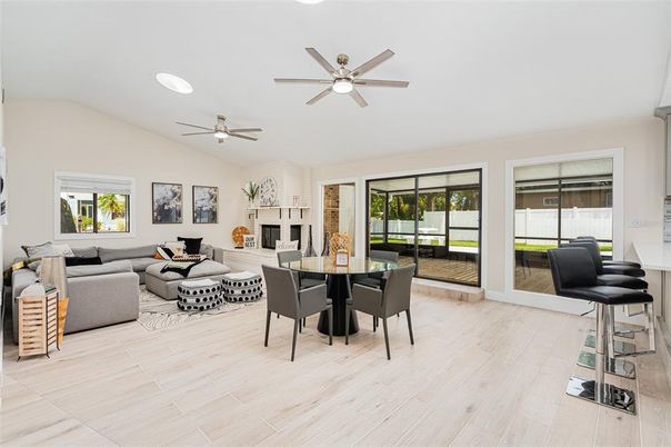 Dining room, Fireplace, Interior, Living room, Wood Texture Flooring