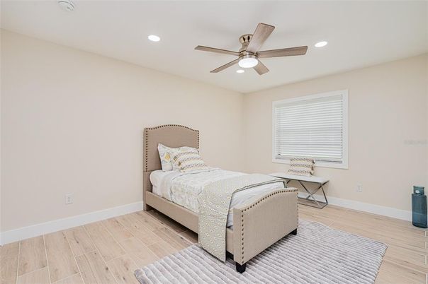 Bedroom, Interior, Recessed Lighting, Wood Texture Flooring