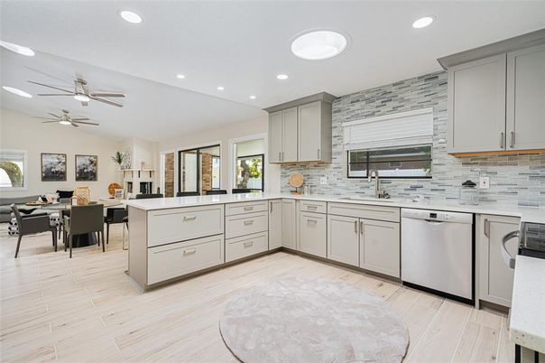 Dining room, Interior, Kitchen, Recessed Lighting, Wood Texture Flooring