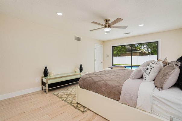 Bedroom, Interior, Recessed Lighting, Wood Texture Flooring
