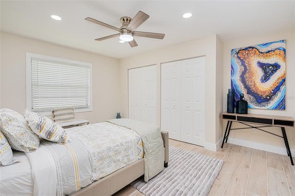 Bedroom, Interior, Recessed Lighting, Wood Texture Flooring