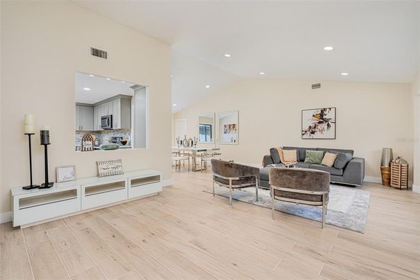 Dining room, Interior, Kitchen, Living room, Recessed Lighting, Wood Texture Flooring