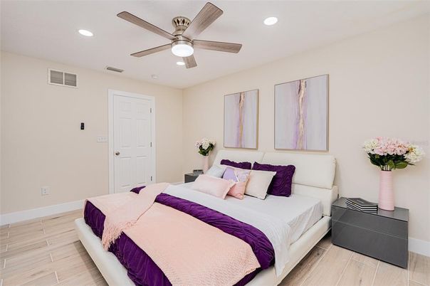 Bedroom, Interior, Recessed Lighting, Wood Texture Flooring