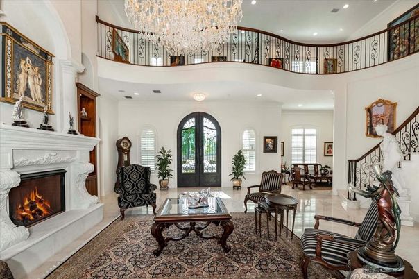 Chandelier, Fireplace, Interior, Living room, Recessed Lighting