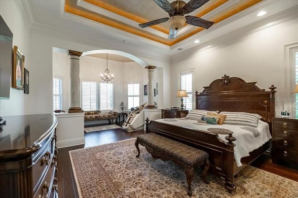 Bedroom, Chandelier, Interior, Recessed Lighting, Wood Texture Flooring