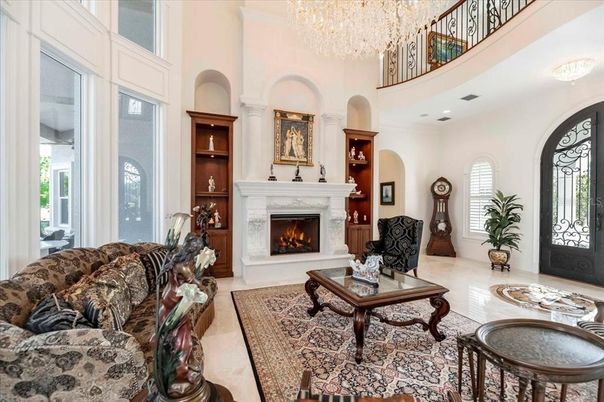 Chandelier, Fireplace, Interior, Living room, Recessed Lighting