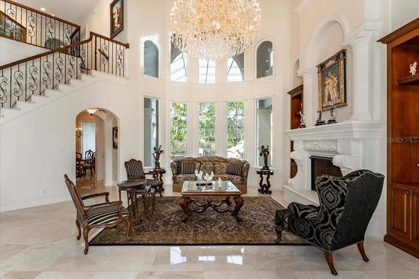 Chandelier, Fireplace, Interior, Living room